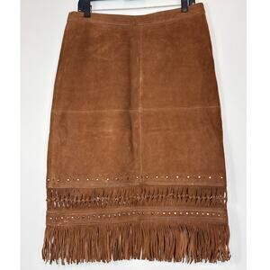 Scully Brown Lamb Suede Fringe Studded  Skirt Western Boho Leather Large Brown